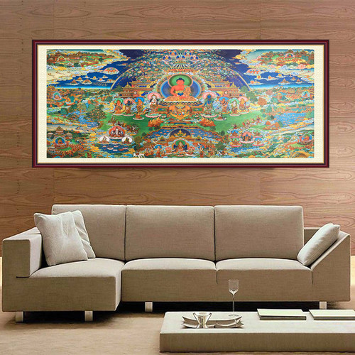 高清极乐世界图画像挂画西方三圣菩萨唐卡横版佛堂供奉佛像卷轴画 - 图0