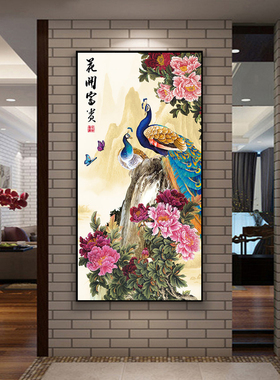 花开富贵孔雀画风水真迹手写卷轴