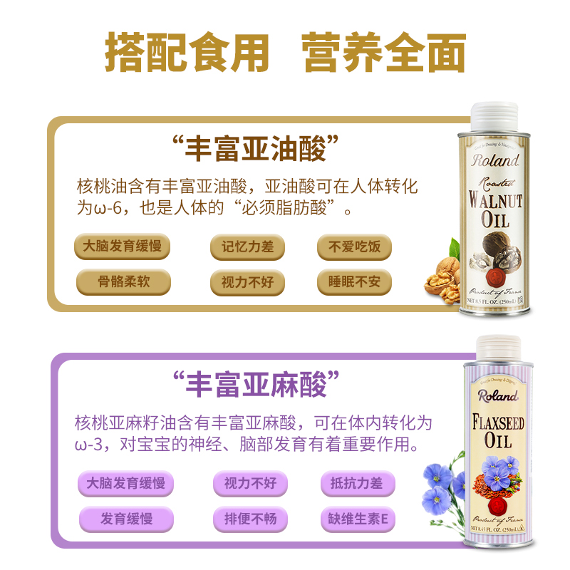 roland食品旗舰店罗朗德进口宝宝dha核桃油+亚麻籽油婴幼儿辅食添加油孕妇儿童食用0