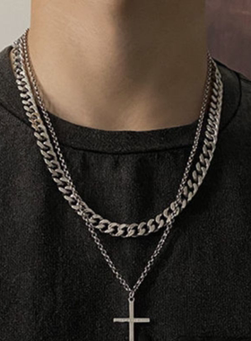 美式叠戴十字架项链男生hiphop嘻哈潮牌男士小众古巴链子钛钢男款