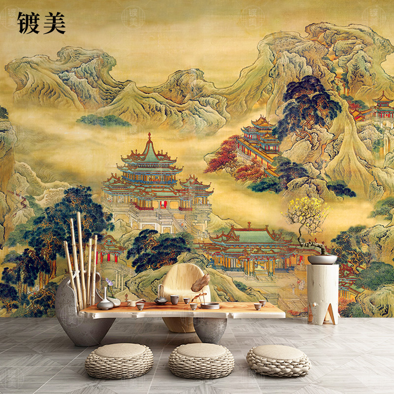 蓬莱仙境图壁纸新中式国画山水画墙纸仙家堂口电视客厅背景墙墙布