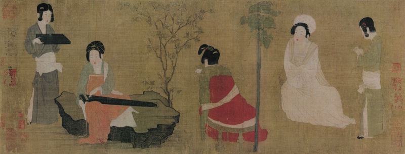 调琴啜茗图壁纸唐代美女古代仕女墙纸古典中式人物美人图壁画背景-图3