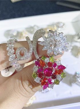 女加厚电镀欧美满锆石彩色戒指