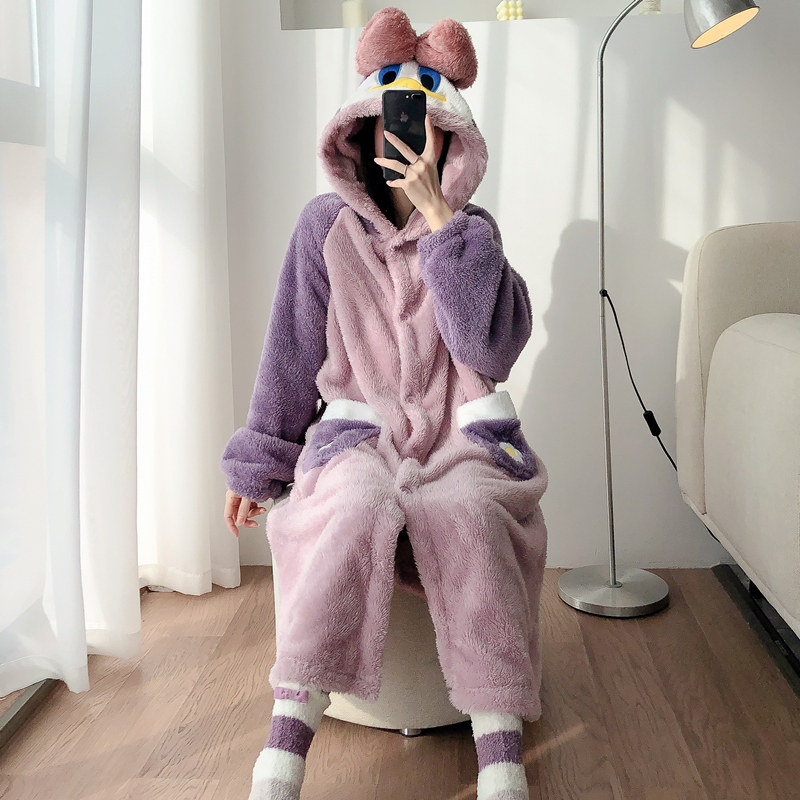 冬天唐老鸭秋冬珊瑚绒加绒可爱睡袍 阔图睡袍/浴袍