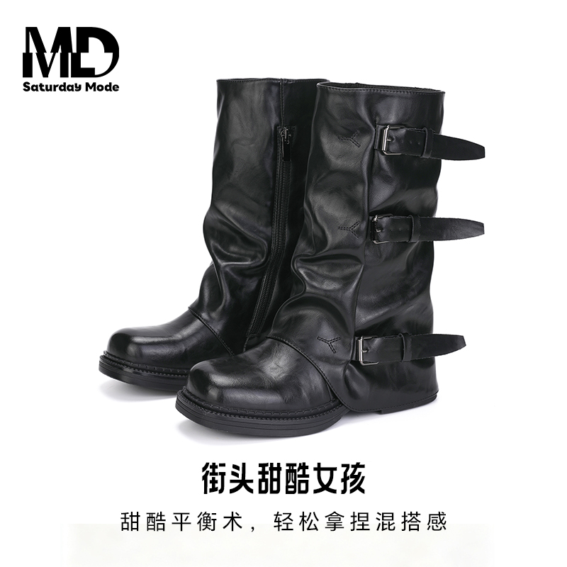 saturdaymode西部靴女2025冬季新款复古风褶皱中筒堆堆靴骑士靴 - 图0