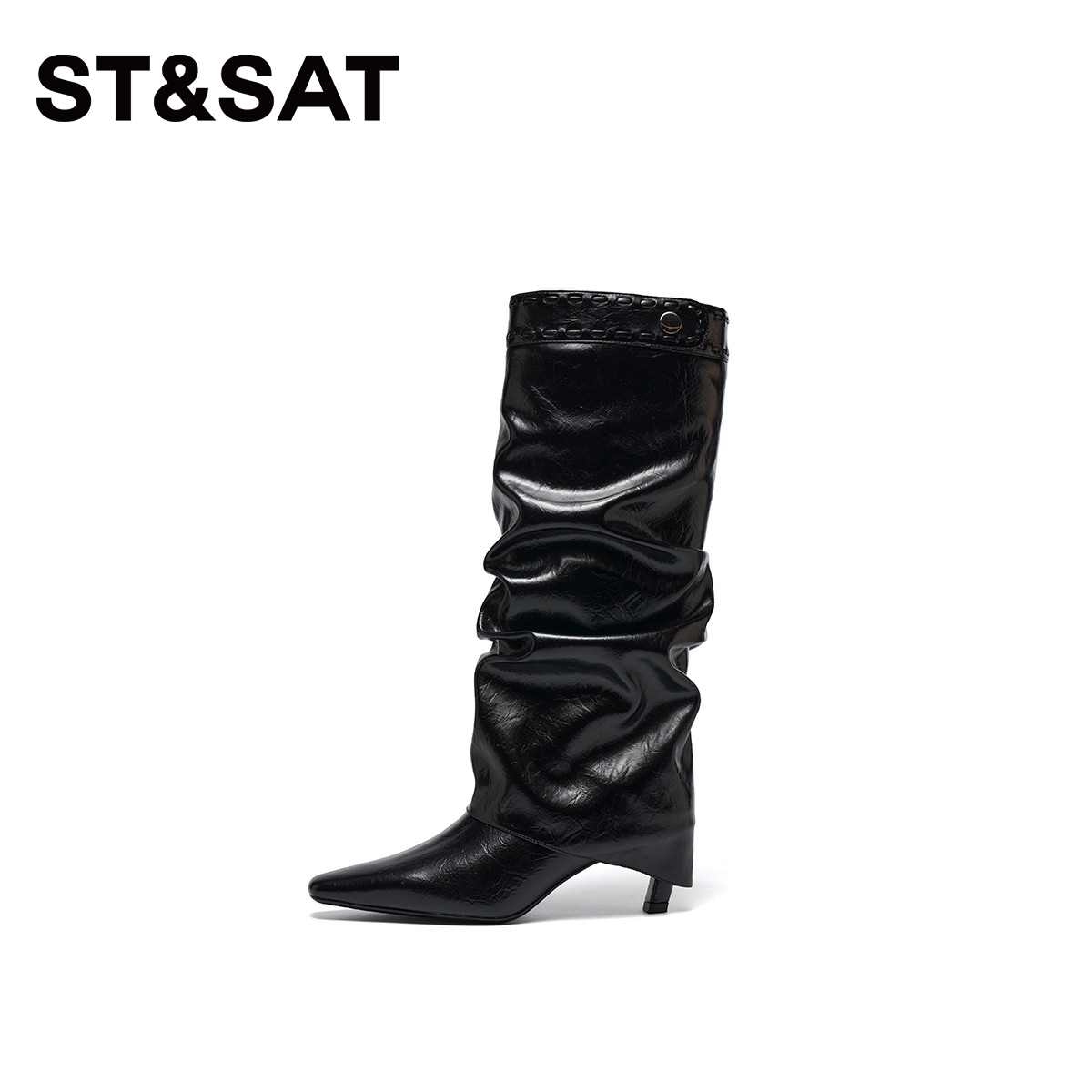 星期六西部牛仔靴2025冬季新款褶皱复古堆堆靴细跟长靴高筒骑士靴 - 图0