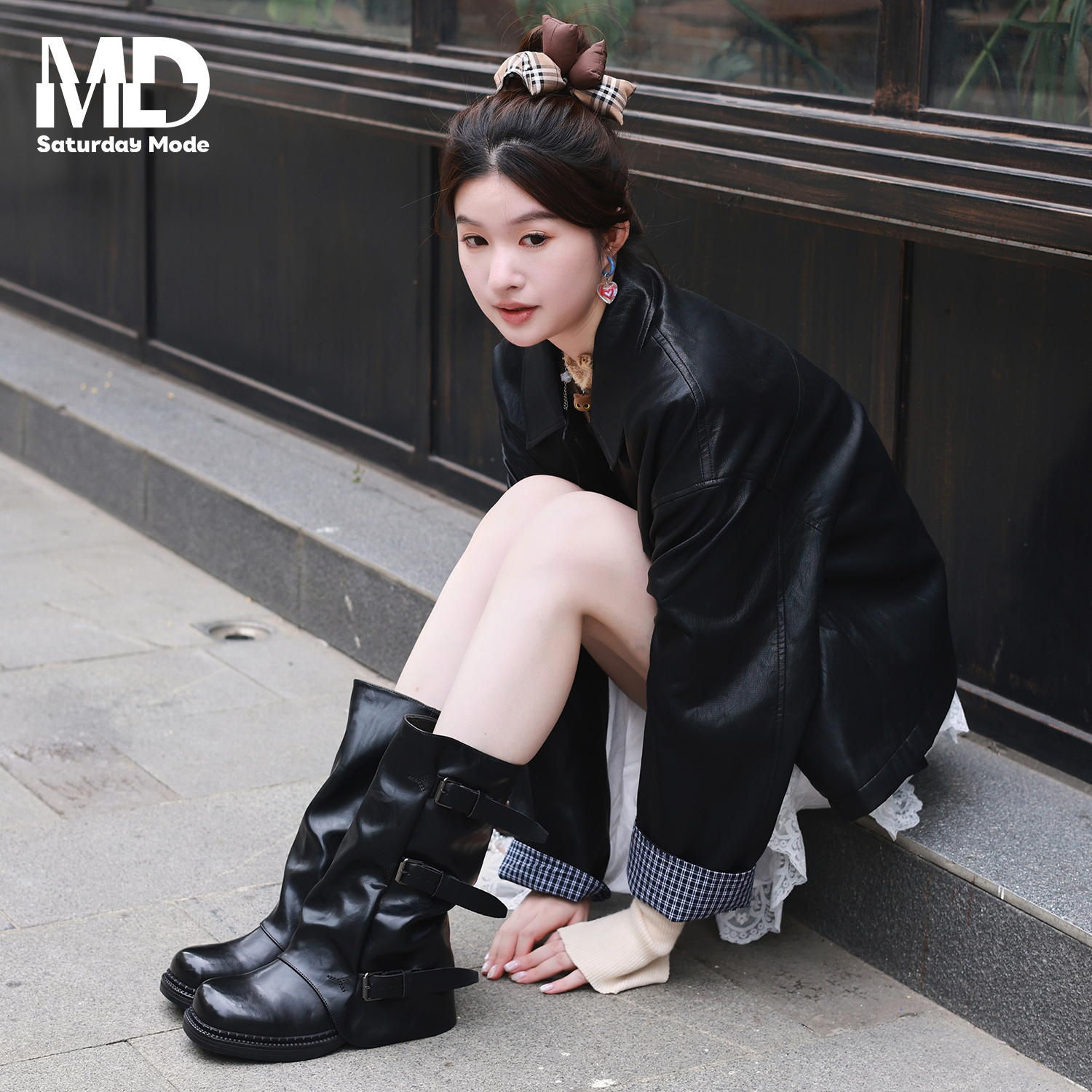 saturdaymode西部靴女2025冬季新款复古风褶皱中筒堆堆靴骑士靴 - 图3