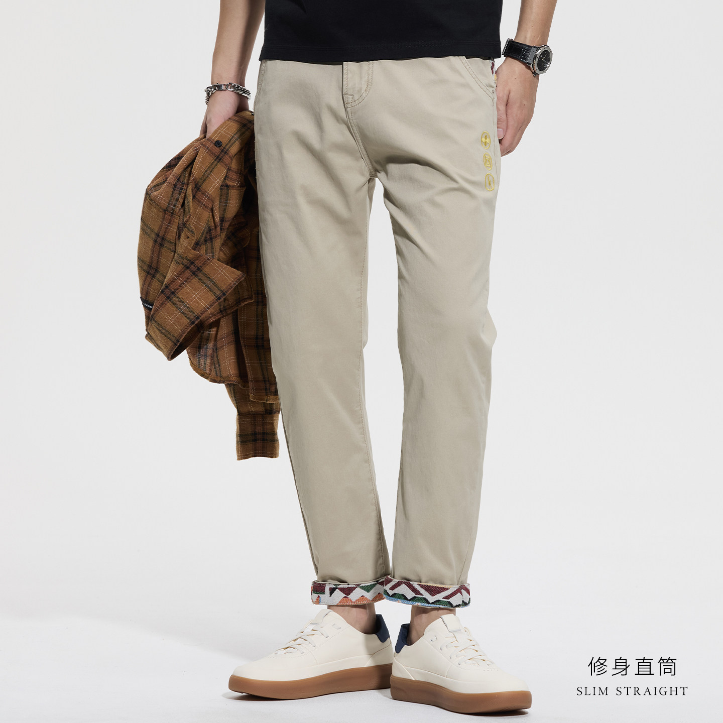 JIELNSELN简圣潮牌拼接刺绣直筒休闲裤男纯棉修身百搭新款九分裤,淘宝优惠券,粉丝福利购,淘宝优惠卷