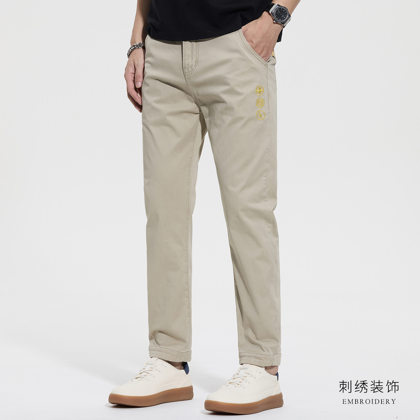 JIELNSELN简圣潮牌拼接刺绣直筒休闲裤男纯棉修身百搭新款九分裤,淘宝优惠券,粉丝福利购,淘宝优惠卷