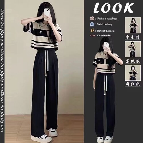 时尚套装夏季女新款韩版宽松学院风条纹Polo领上衣+阔腿裤两件套 - 图2