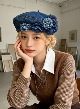水洗牛仔立体花贝雷帽显脸小