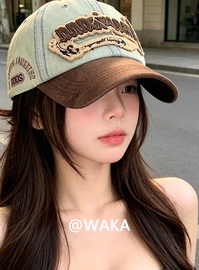 WAKA复古牛仔拼接刺绣棒球帽