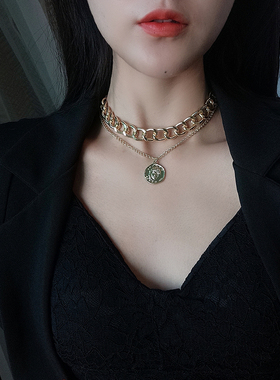 欧美冷淡风双层圆牌夸张锁骨链