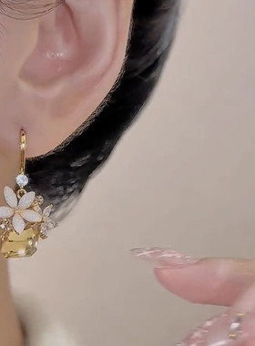 秋冬美拉德黄色水晶花朵耳环耳钩