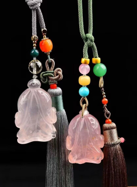 纯天然粉晶白菜车挂 手工编织包挂 车挂复古旗袍压襟扣流苏挂件