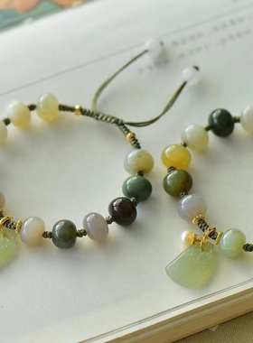 天然和田玉手链 和田玉平安无事牌手链 和田玉苹果珠手链 手编绳