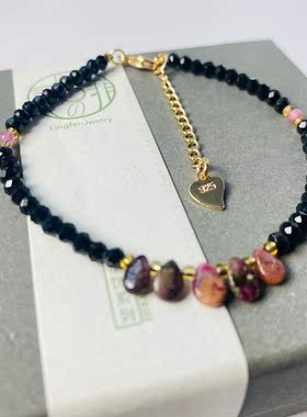 天然黑尖晶手链搭配爱心锁扣女时尚单圈黑色切角手串简约礼物