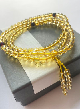 天然黄水晶108颗佛珠手链 石榴石配珠黄水晶手串 108粒黄水晶手链