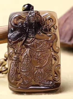 天然黑曜石祥云霸气风关公吊坠