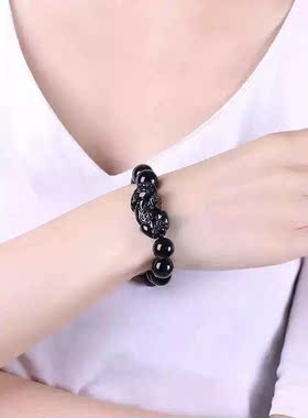 天然彩虹眼黑曜石貔貅单圈手串