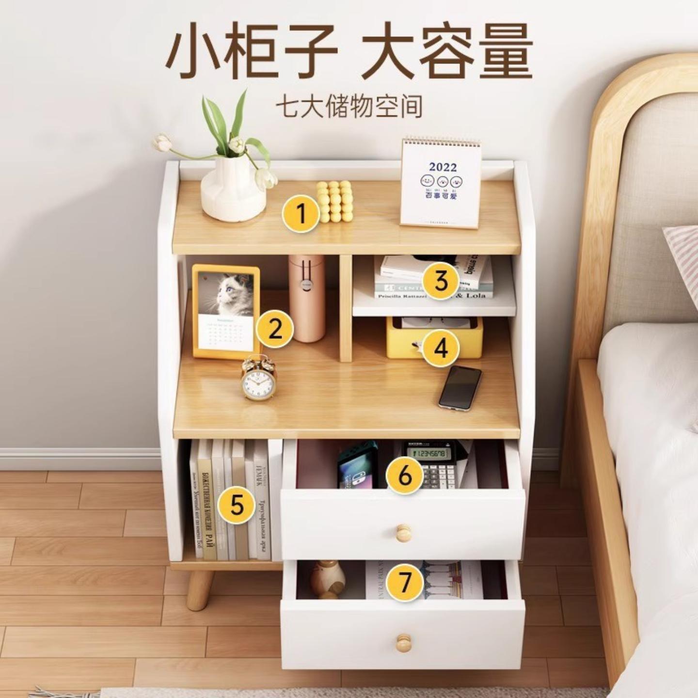 床头柜收纳柜小型简易出租房用卧室床边创意置物架储物柜实木抽屉 - 图0