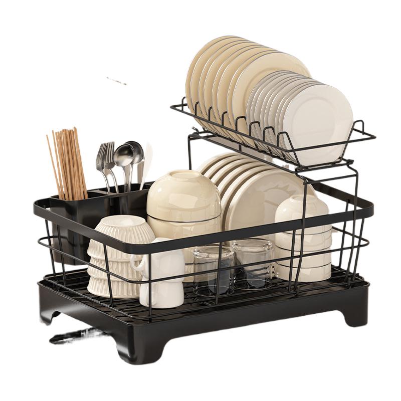 沥水碗架家用碳钢放碗碟收纳架厨房置物架筷子筒双层碗盘沥水架子 - 图3