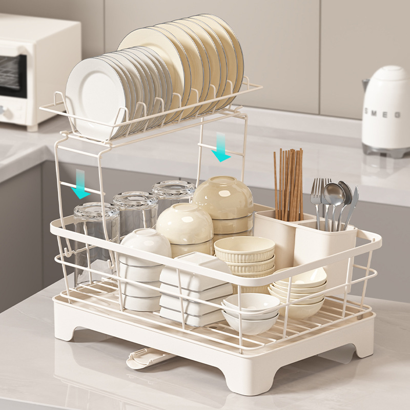 沥水碗架家用碳钢放碗碟收纳架厨房置物架筷子筒双层碗盘沥水架子 - 图0