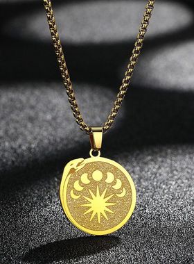 不锈钢复古月相颈链衔尾蛇吊坠项链 波西米亚月牙珠宝男女性礼物