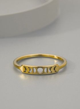 可爱女性金色新月月相戒指女士复古结婚戒指三重天体首饰送给情人