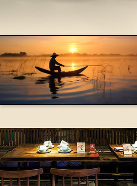 渔民捕鱼挂画农家乐饭店餐厅日落黄昏风景装饰画渔夫抛网劳作壁画