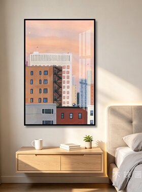 手绘城市建筑插画图挂画房屋设计工作室办公室卡通高楼大厦装饰画