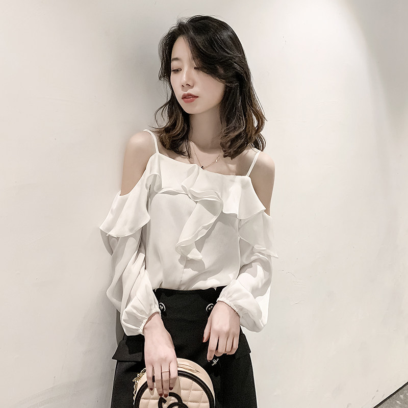 女网红一字肩锁骨2022夏季女装吊带 jajp蕾丝衫/雪纺衫