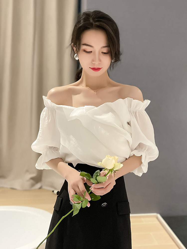 法式锁骨一字肩夏季设计感感雪纺衫 jajp蕾丝衫/雪纺衫