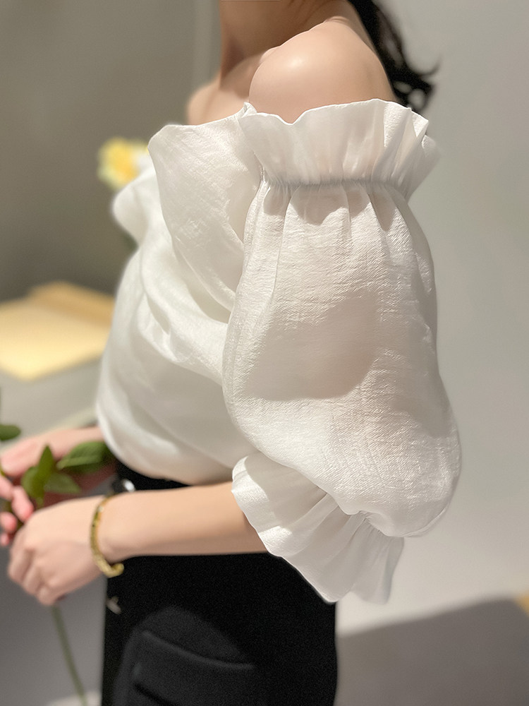 法式锁骨一字肩夏季设计感感雪纺衫 jajp蕾丝衫/雪纺衫