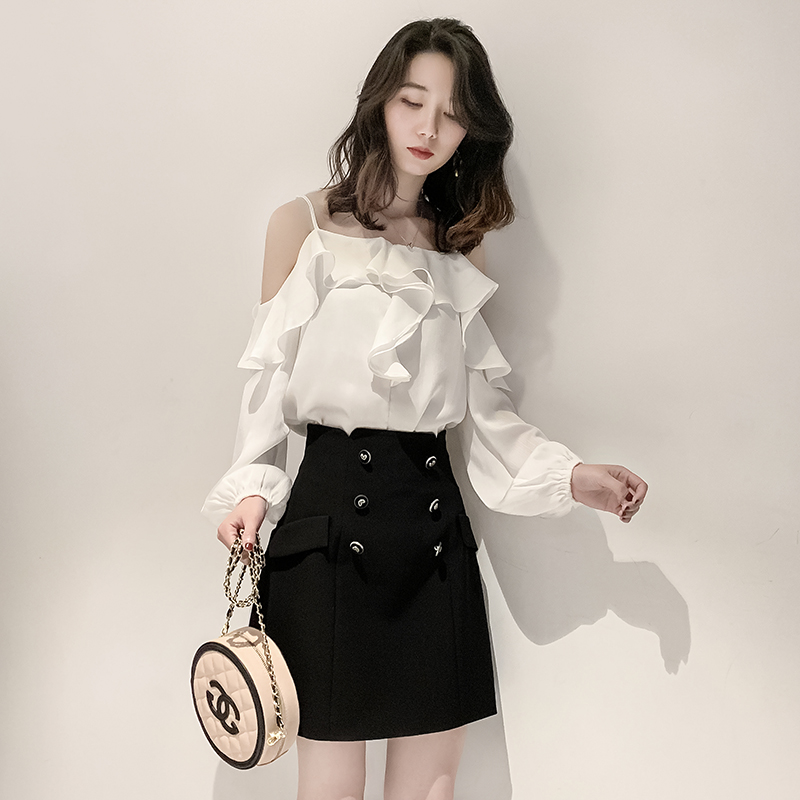 女网红一字肩锁骨2022夏季女装吊带 jajp蕾丝衫/雪纺衫