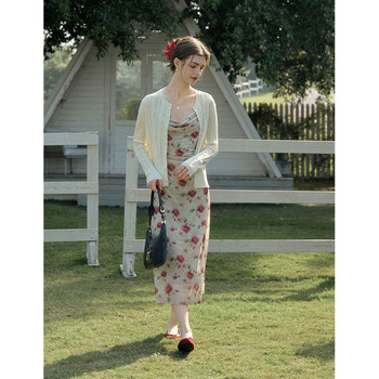 SimpleRetro pleated rose suspender skirt floral dress ຂອງແມ່ຍິງຝຣັ່ງຍາວ skirt