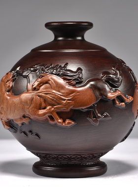 黑檀八骏雄风花瓶摆件实木雕刻