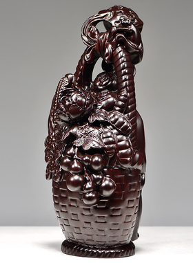 黑檀实木雕刻花篮大丰收摆件实木客厅玄关电视柜装饰红木质工艺品