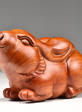 木质小兔子摆件一对可爱桌面装饰花梨实木雕刻工艺品木头家居客厅