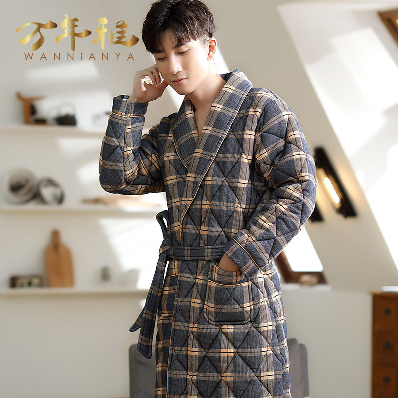秋冬季男士纯棉夹棉长款加大码睡袍 万年雅内衣睡袍/浴袍