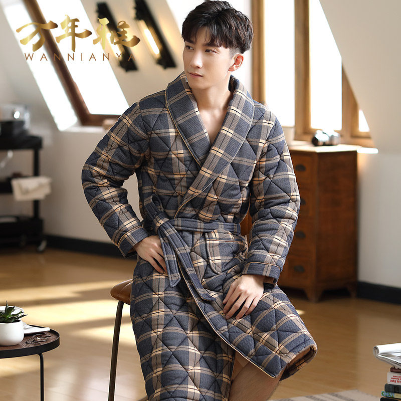 秋冬季男士纯棉夹棉长款加大码睡袍 万年雅内衣睡袍/浴袍