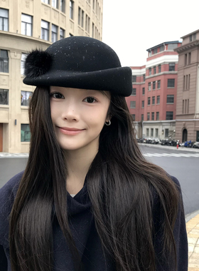 定制~小众水貂毛羊毛黑色小礼帽女秋冬法式优雅贝雷帽时尚画家帽