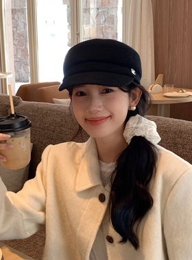 法式复古优雅黑色平顶报童帽子女