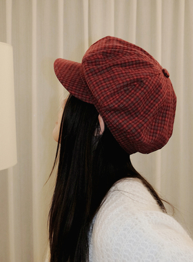 日系红色格纹八角帽子女秋冬新款