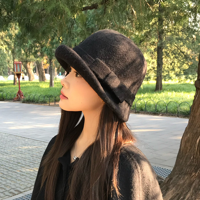 民国复古羊毛小礼帽女秋冬法式气质盆帽蝴蝶结赫本风圆顶渔夫帽子