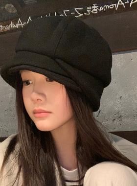 张婧仪同款黑色报童帽秋冬八角帽