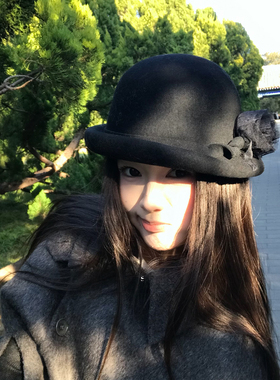 俏皮卷边黑色羊毛小礼帽女春秋