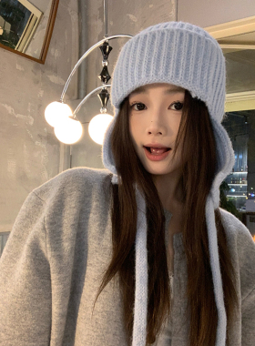 ins蓝色针织帽女冬季绑带雷锋帽