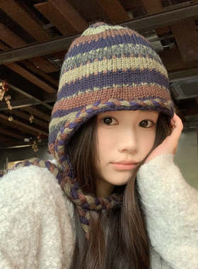 民族风针织帽女冬季加绒雷锋帽