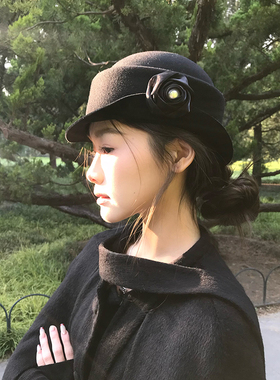 玫瑰花气质黑色羊毛小礼帽女秋冬